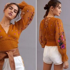 Anthropologie Embroidered Gold Yellow Smocked Tulle Blouse with Lace Up Back